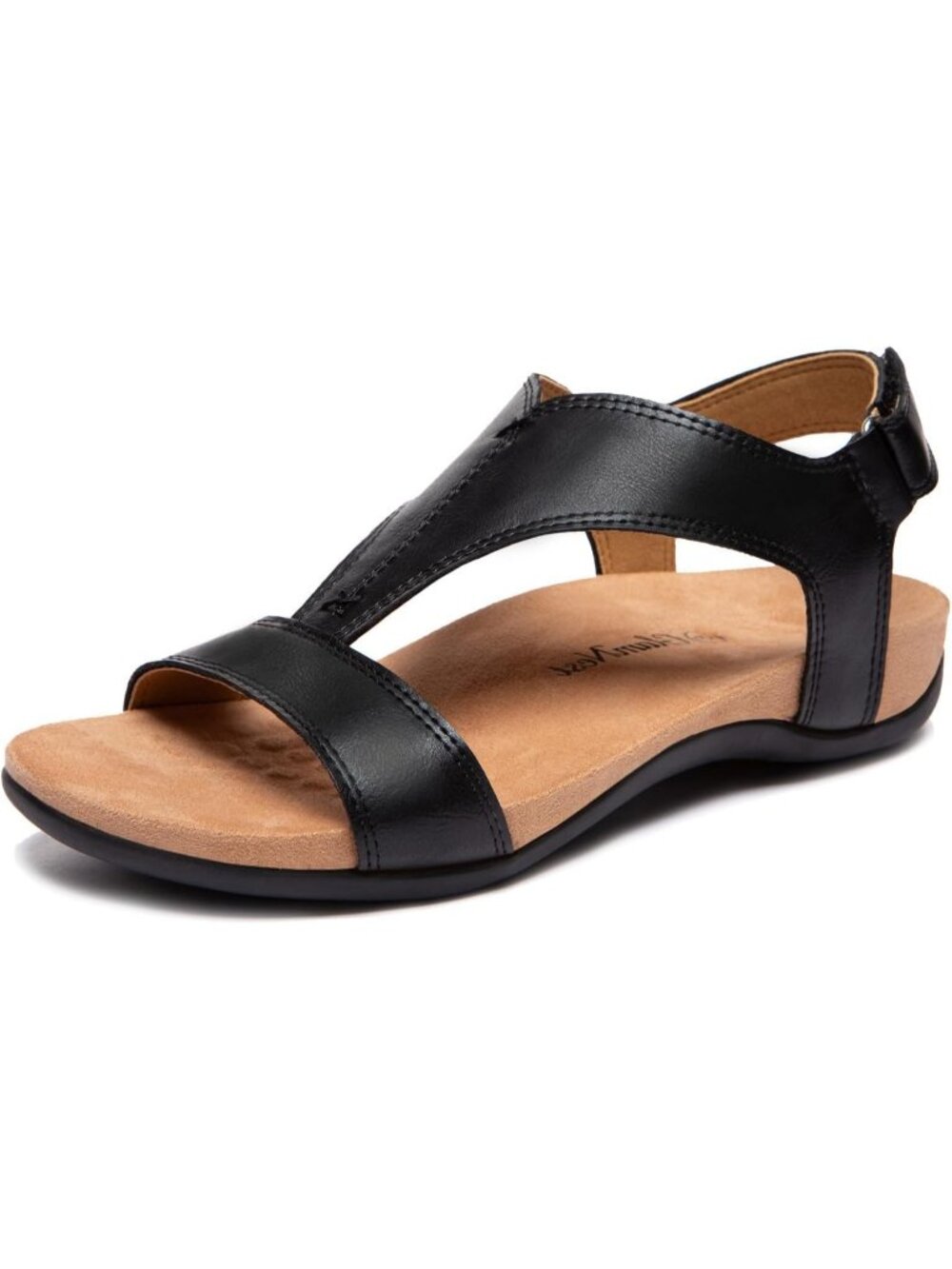 Women's Black Summer Open Toe T-Strap Orthopedic Adjustable Straps Flat Sandals